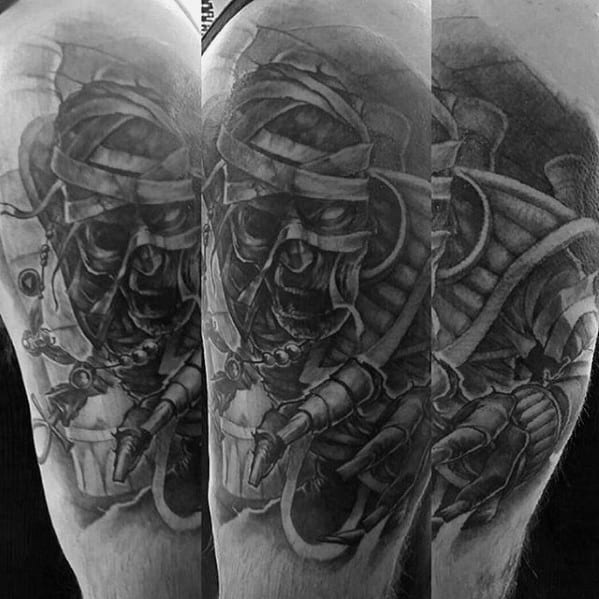 Gentleman With Mummy Arm Shaded Black And Grey Ink Tattoos