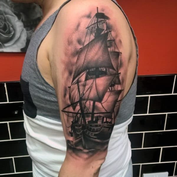 Gentleman With Nautical Shaded Black And Grey Ship Tattoo On Arms