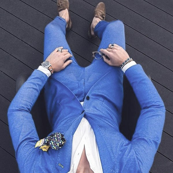Gentleman With Navy Light Baby Blue Suit Brown Shoes Style