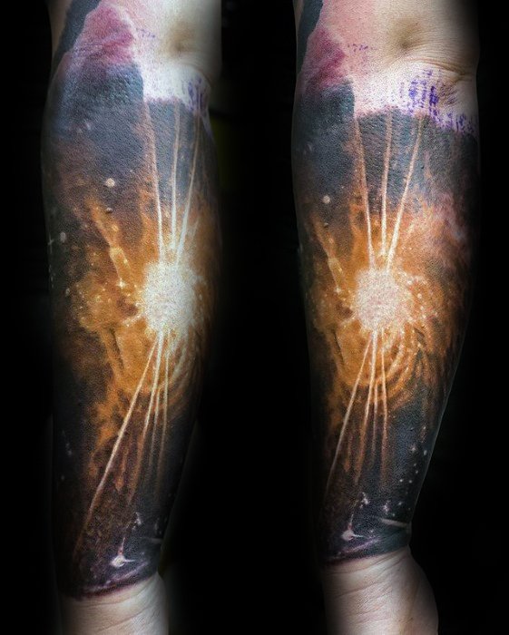 Nebula tattoo on a forearm, depicting an abstract cosmic scene with bright light and swirling colors