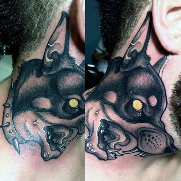 Neo-traditional Doberman tattoo on the neck with bold outlines, exaggerated features, glowing eyes, and a spiked collar for a fierce look.