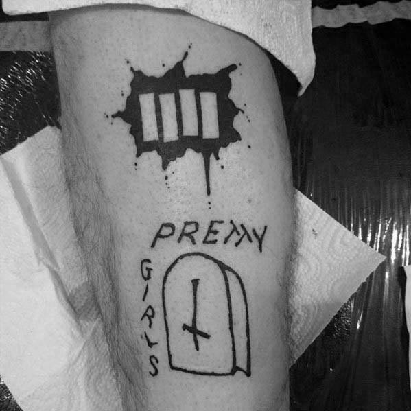 Black Flag bars breaking through splattered ink, paired with sketch-style "Pretty Girls" and a tombstone for a raw punk aesthetic.