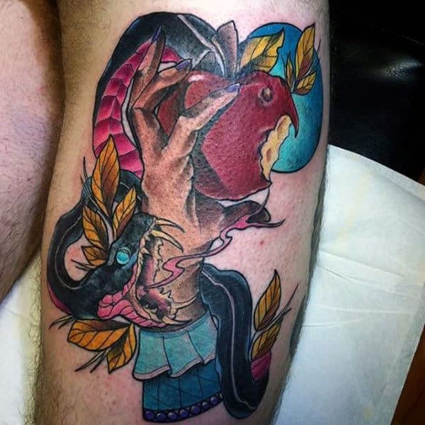 Gentleman With Neo Traditional Snake And Apple Leg Tattoo