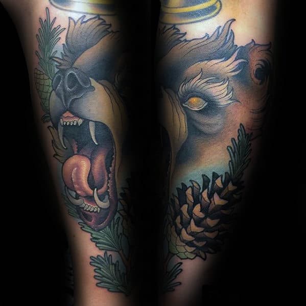 Gentleman With New School Bear And Pine Cone Forearm Sleeve Tattoo