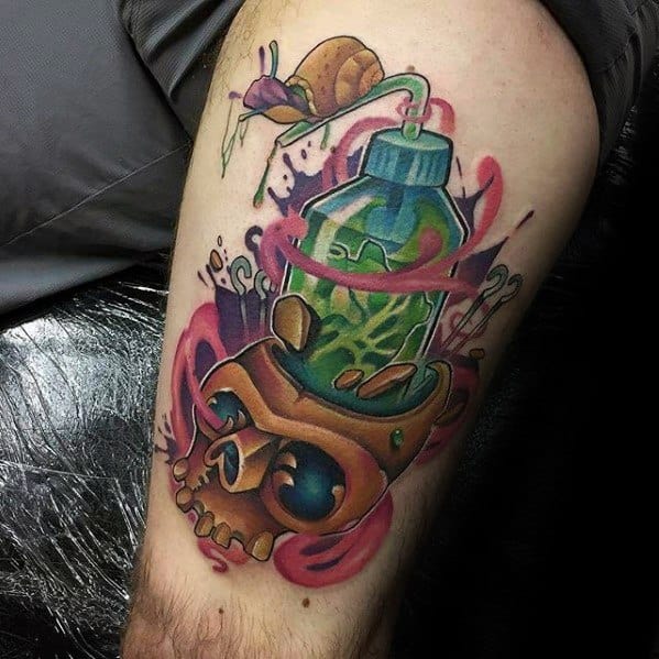 Gentleman With New School Snail Tattoo On Thigh