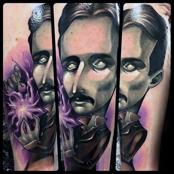 Colorful stylized Nikola Tesla tattoo with glowing eyes, exaggerated features, and electric energy crackling from his hand.