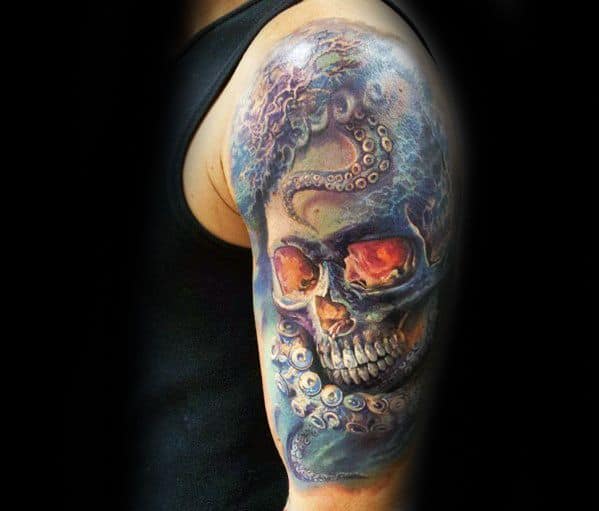Skull with glowing orange eyes surrounded by octopus tentacles, featuring vibrant colors and intricate details, creating a dramatic and dynamic design.