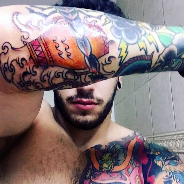 Gentleman With Old School Aquarius Outer Forearm Tattoo
