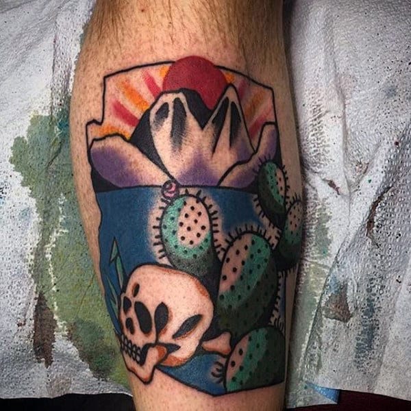 Gentleman With Old School Cactus Rising Sun Tattoo On Leg Calf