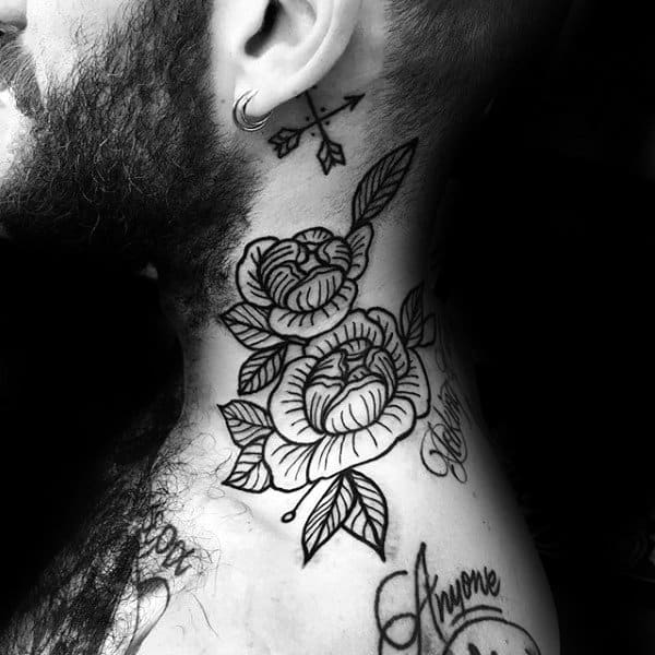 Gentleman With Old School Peony Flower Neck Tattoos
