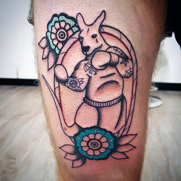 Gentleman With Old School Traditional Thigh Kangaroo Tattoo