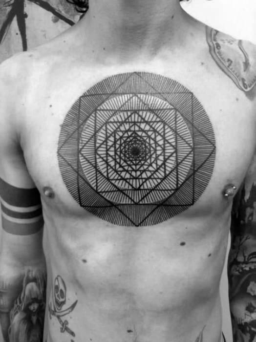 Gentleman With Optical Illusion Shapes And Lines Upper Chest Tattoos