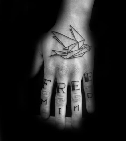 Gentleman With Origami Bird Black Ink Outlien Geometric Tattoo Design On Hands