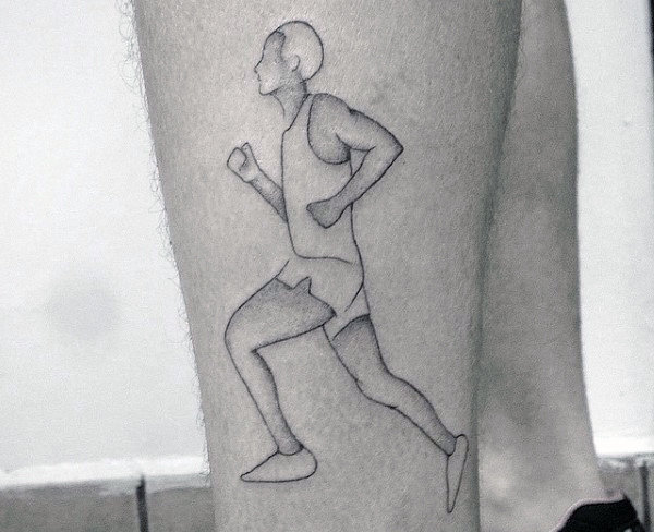 Gentleman With Outline Of Runner On Leg Tattoo
