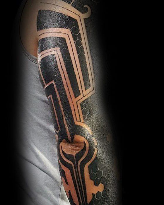 Gentleman With Pattern All Black Sleeve Negative Space Tattoo