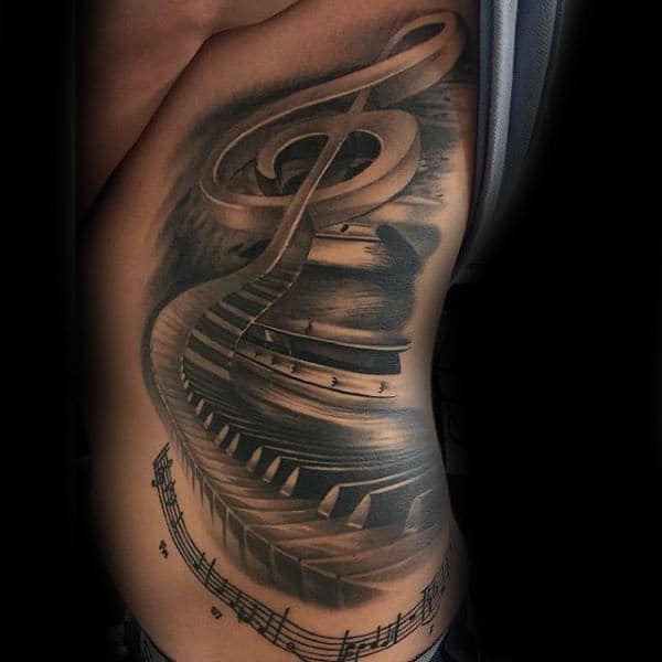 Gentleman With Piano And Treble Note Rib Cage Side Tattoo