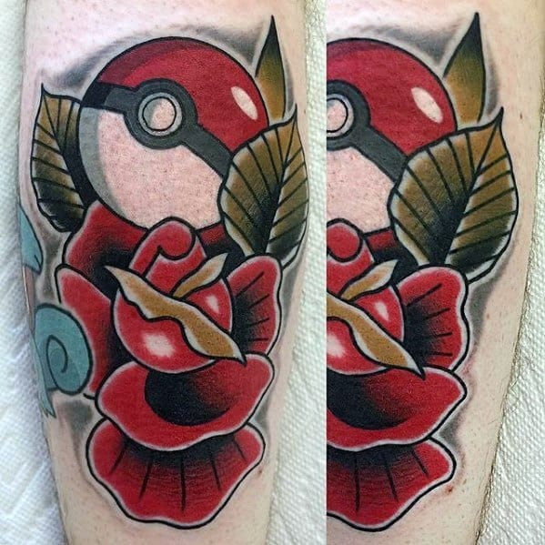 Bold Pokeball and red rose tattoo with traditional style shading and thick outlines, accented by green leaves for a classic look.