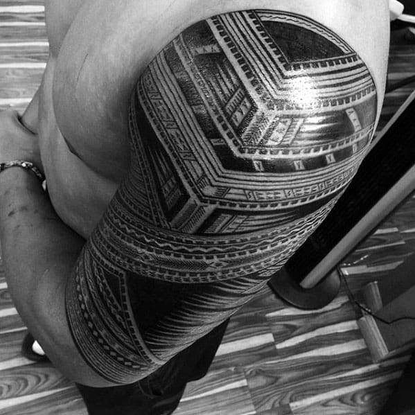 Gentleman With Polynesian Pattern Tribal Half Sleeve Tattoo
