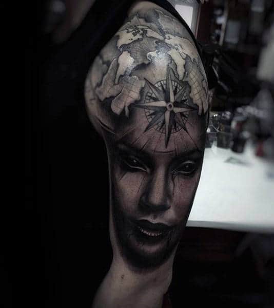 Gentleman With Portrait Of Woman And World Map Travel Half Sleeve Tattoo Design