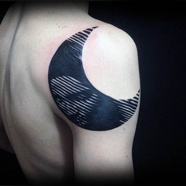 Gentleman With Portrait Silhouette Moon Shoulder Tattoo