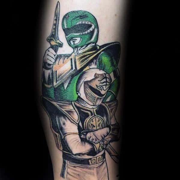 Tattoo of Green and White Ranger standing back-to-back, showcasing detailed armor and weapons with a blend of color and shading.