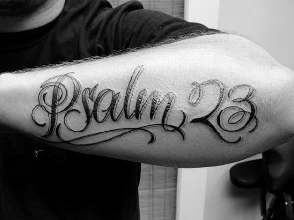 Gentleman With Psalm 23 Outer Forearm Tattoo