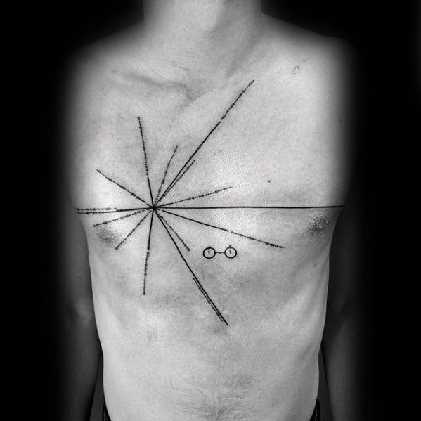 Minimalist tattoo of a geometric pulsar map featuring intersecting lines and two circles on a person's chest