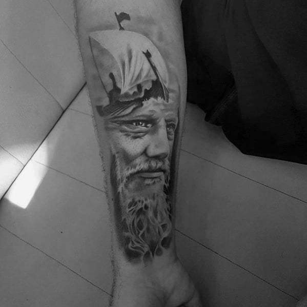 Gentleman With Ragnar Viking Ship Inner Forearm Tattoo