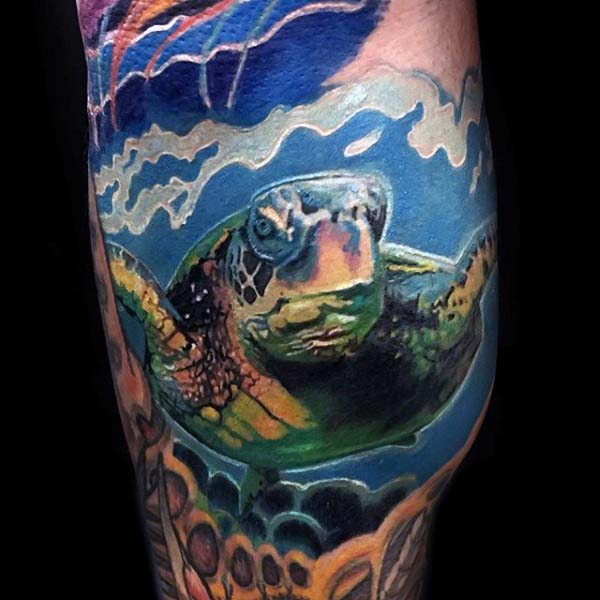 Gentleman With Realistic Arm Tattoo Of Turtle