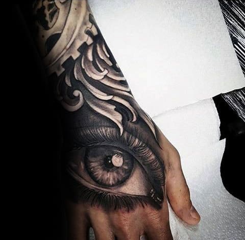 Gentleman With Realistic Eye Filigree Hand Tattoo