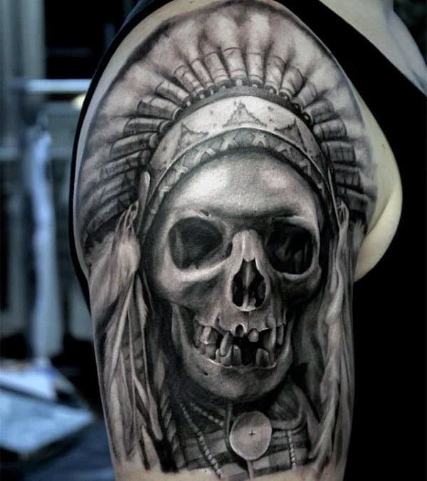 Gentleman With Realistic Indian Skull Half Sleeve Tattoo Design