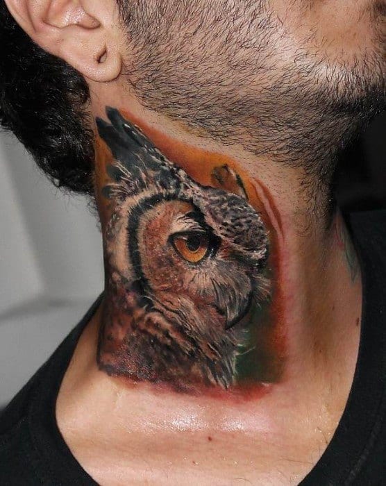 Gentleman With Realistic Orange Background Owl Neck Tattoo