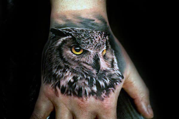 Gentleman With Realistic Owl Hand Tattoo