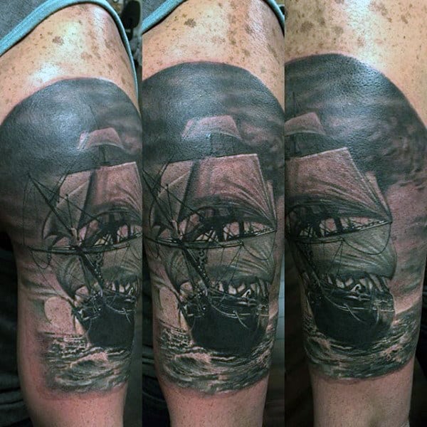 Gentleman With Realistic Sailing Ship Nautical Arm Tattoo
