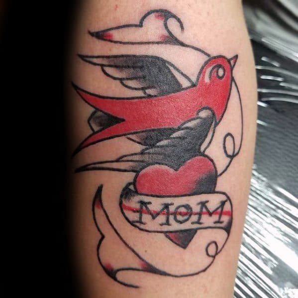 Gentleman With Red And Black Ink Leg Calf Traditional Mom Tattoo