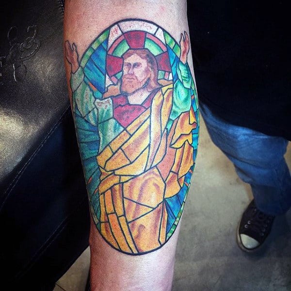 Gentleman With Religious Stained Glass Inner Forearm Tattoo Colorful Ink Style