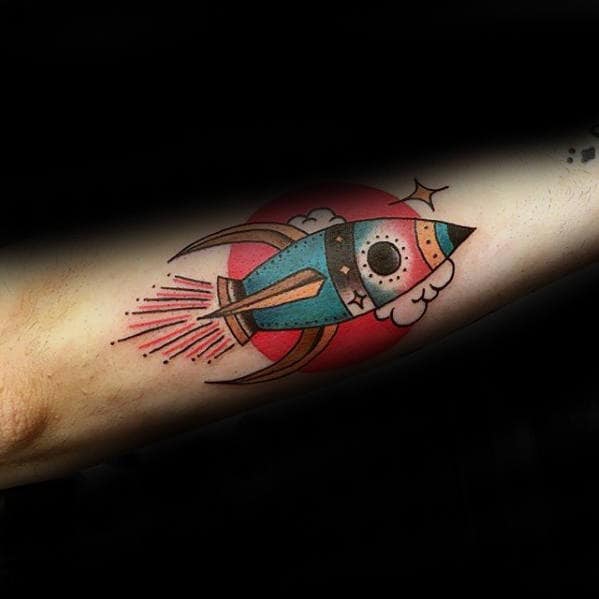 Gentleman With Retro Outer Forearm Rocket Ship Tattoo