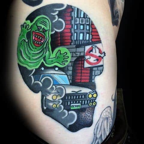 Gentleman With Rib Cage Side Old School Traditional Ghostbusters Tattoo