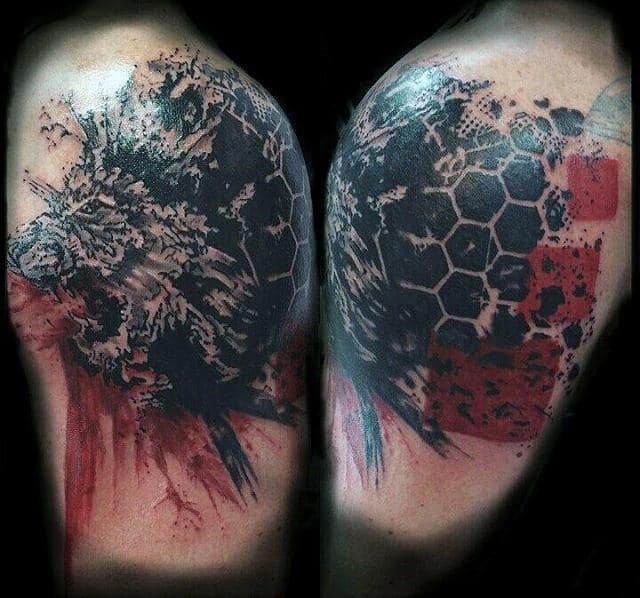 Gentleman With Roaring Lion Trash Polka Upper Arm Tattoos