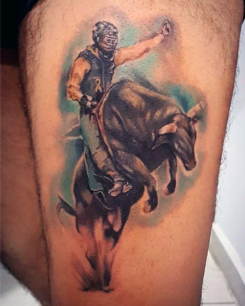 Realistic tattoo of a bull rider mid-action, featuring detailed shading, lifelike motion, and a dynamic background for a dramatic effect.