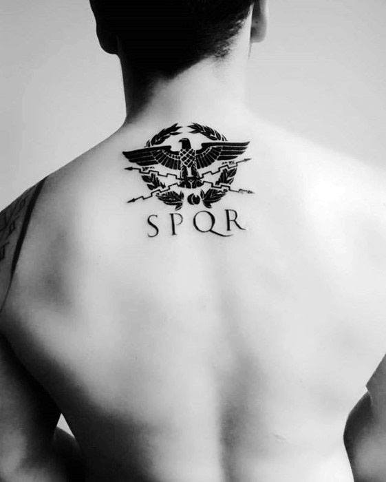 Gentleman With Roman Spqr Upper Back Tattoo