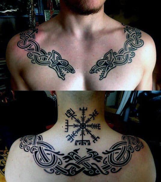 Gentleman With Rune Chest And Back Tattoos