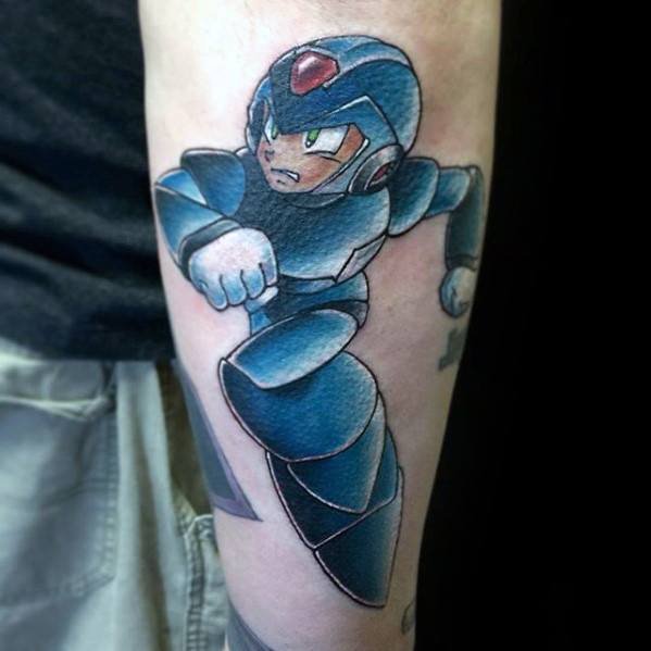 Gentleman With Running Megaman Outer Forearm Tattoo