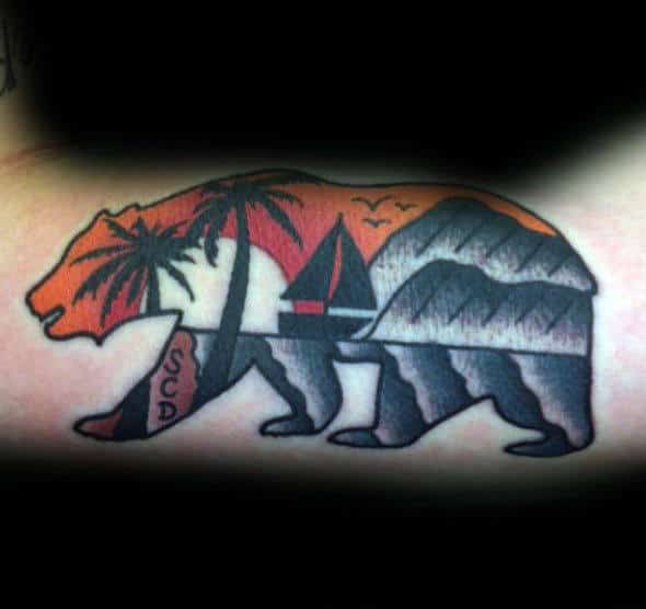 Gentleman With Sailboat Sunset California Bear Tattoo On Inner Arm Bicep