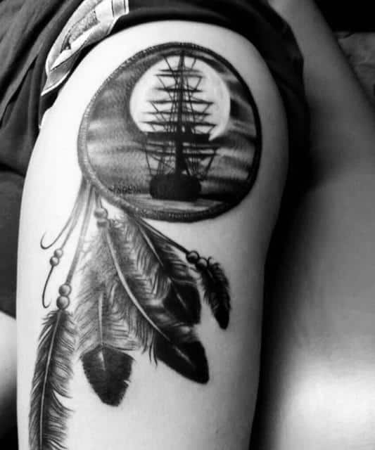 Gentleman With Sailing Ship At Night Dreamcatcher Upper Arm Tattoo
