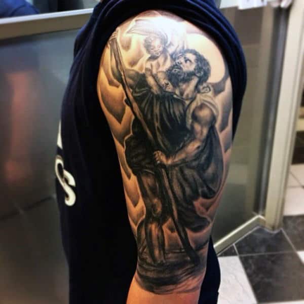 Gentleman With Saint Christopher Shaded Half Sleeve Arm Tattoos