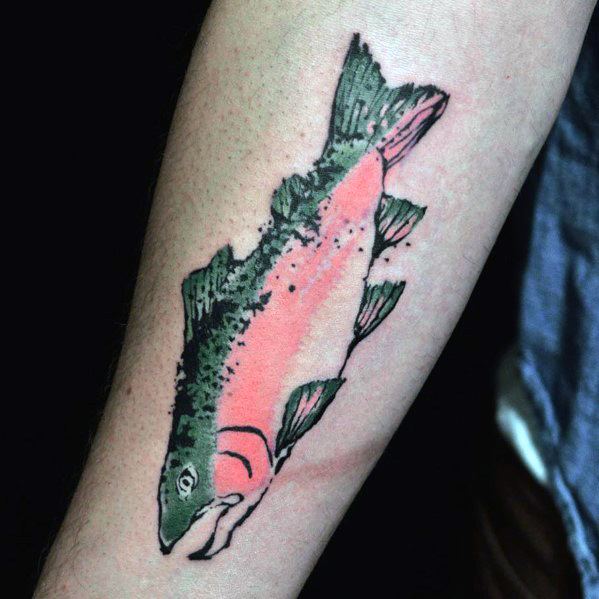 Minimalist salmon tattoo with bold green and pink watercolor-style shading, placed on the forearm for a simple yet striking look.