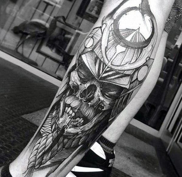 Gentleman With Samuari Helmet Skull Sweet Shaded Leg Tattoo
