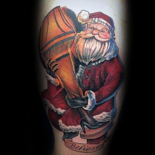 Santa Claus tattoo with a humorous twist, featuring him holding the iconic leg lamp from *A Christmas Story*, detailed with rich colors and shading.