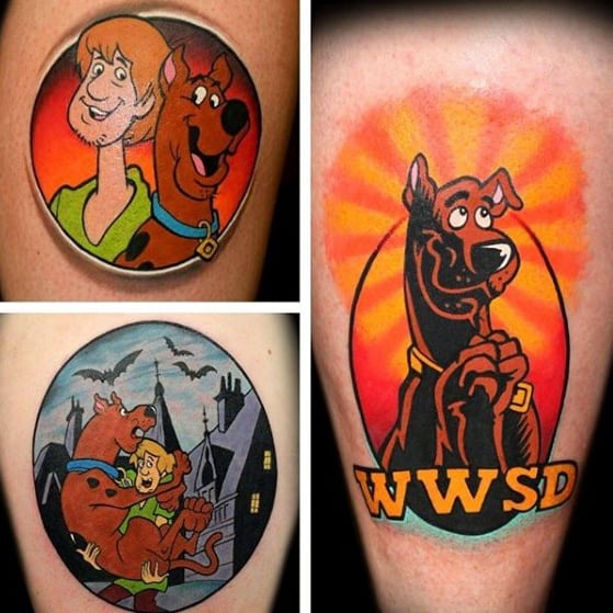 Three colorful Scooby-Doo tattoos: Scooby and Shaggy smiling, the duo scared under a moonlit sky, and Scooby with praying hands labeled WWSD.